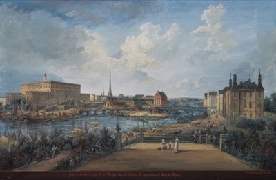 Uitzicht op Stockholm vanaf het Fersen-terras met het paleis Makalos door Elias Martin